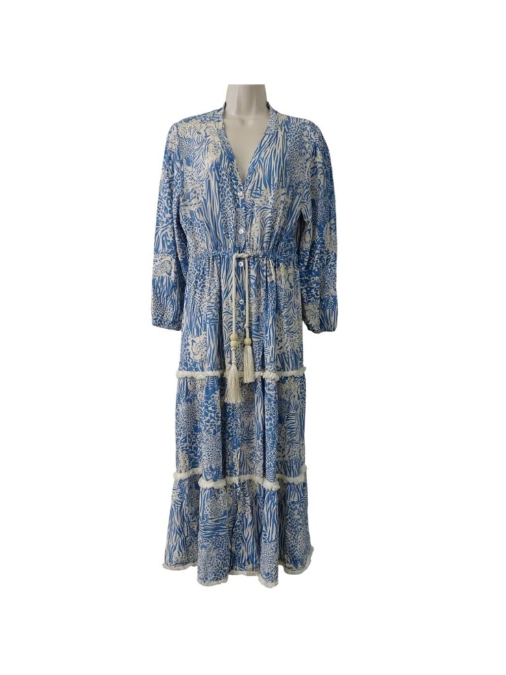 Bognar Blu Long Sleeve Blue Animal Print Midi Dress Women Size M Tassel Fringe - Picture 2 of 9